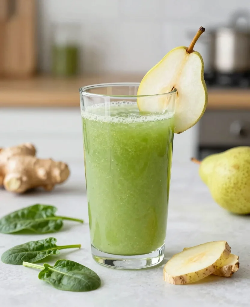 18 Green Juice Recipes For Beginners That Taste Good - 13. Pear Spinach Ginger Juice 1