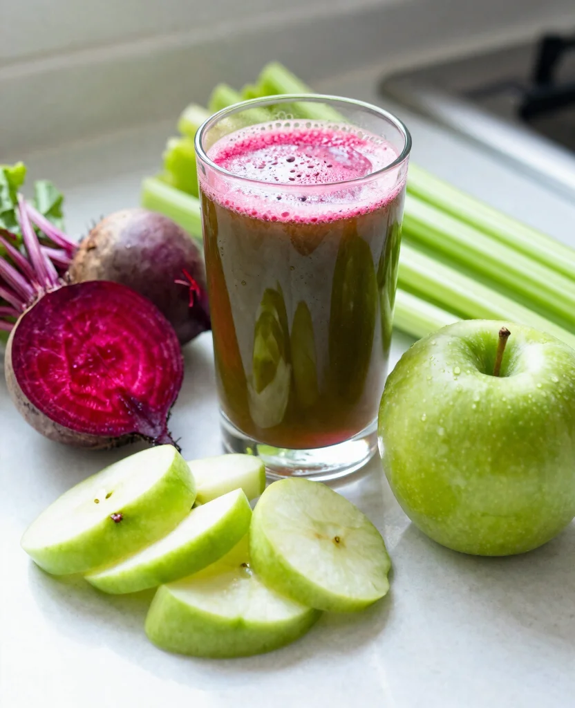 18 Iron Rich Juice Recipes Using Beets And Greens - 11. Beet, Green Apple, and Celery Juice 1
