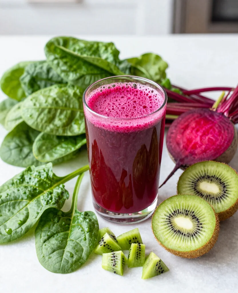 18 Iron Rich Juice Recipes Using Beets And Greens - 13. Beet, Kiwi, and Spinach Juice 1