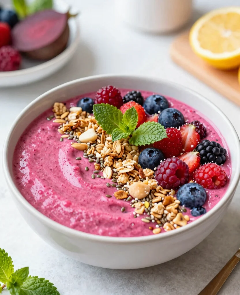 18 Iron Rich Juice Recipes Using Beets And Greens - 16. Beet and Berry Smoothie Bowl 1