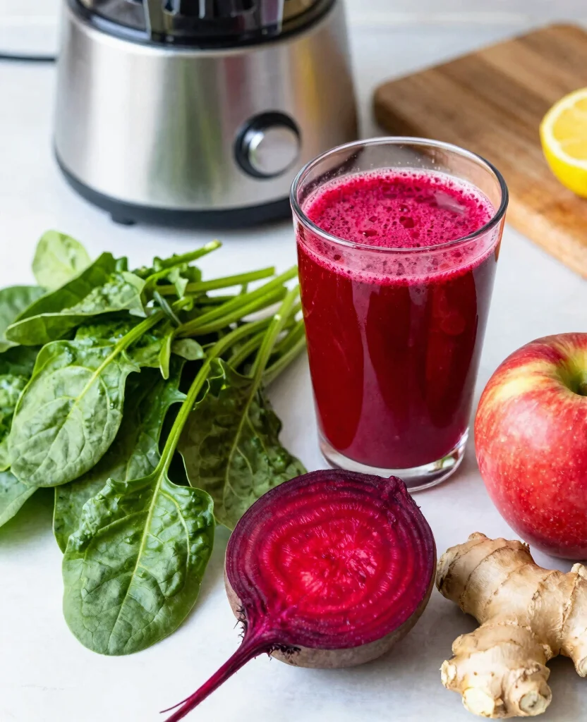 18 Iron Rich Juice Recipes Using Beets And Greens - 2. Spinach and Beet Juice with Ginger 1