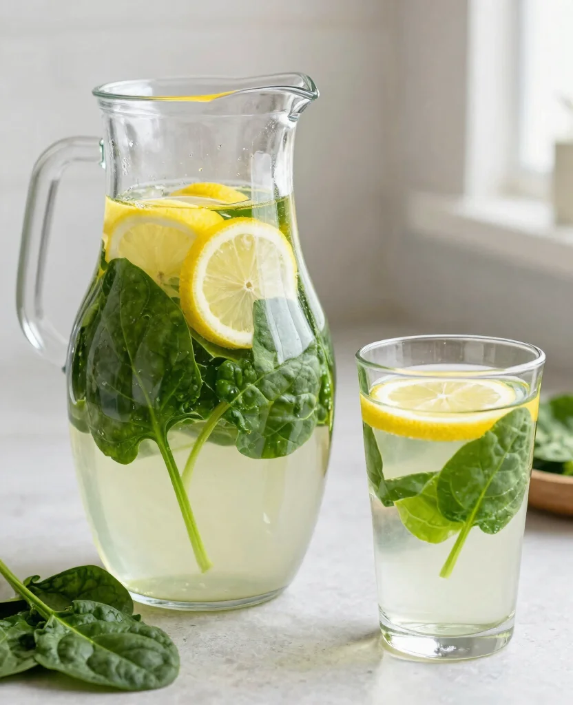 20 Green Juice Recipes For Weight Loss And Detox - 13. Lemon and Spinach Detox Water 1
