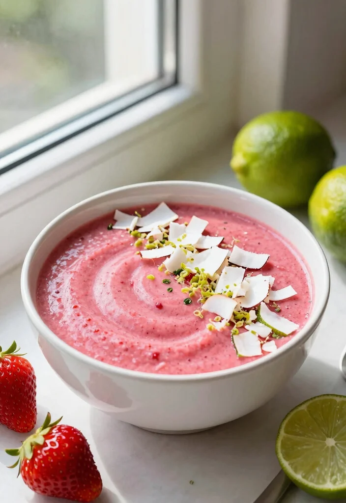 16 Delicious Pink Smoothie Bowl Recipes with Berries - 14. Sassy Strawberry Lime Bowl 1