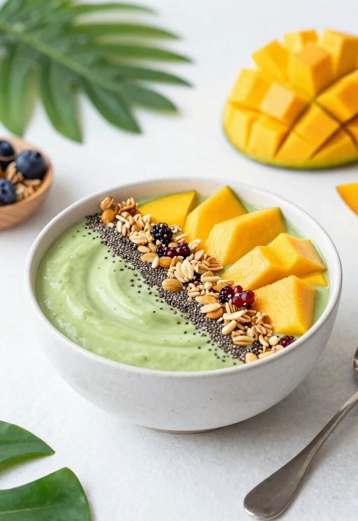 16 Mango Protein Smoothie Recipes for Post Workout - 4. Mango Protein Green Smoothie Bowl 1