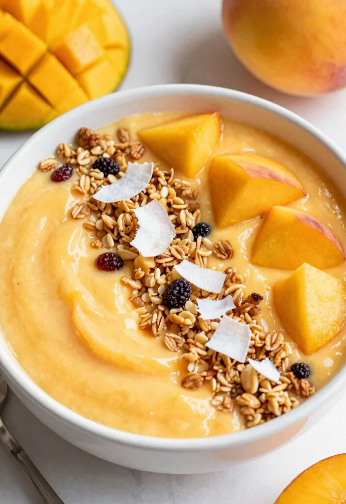 16 Spirulina Smoothie Bowl Recipes Packed with Nutrients - 12. Peach Mango Spirulina Bowl 1