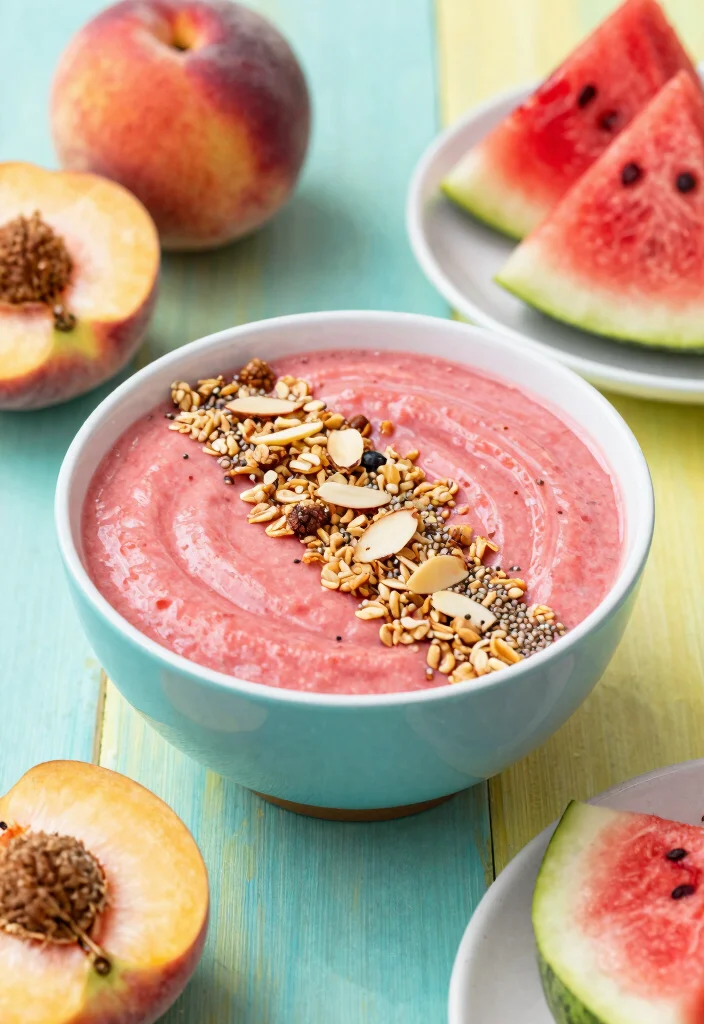 16 Watermelon Smoothie Bowl Recipes for Summer - 7. Watermelon Peach Smoothie Bowl 1