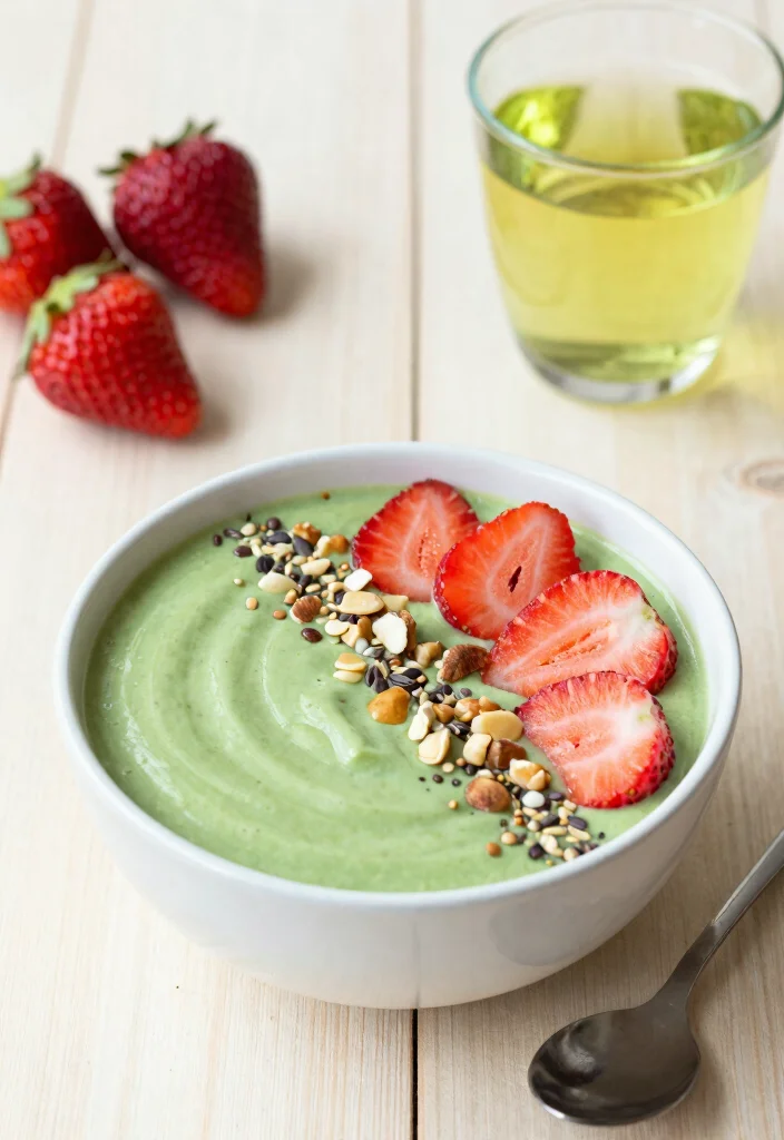 18 Strawberry Smoothie Bowl Recipes for Breakfast - 8. Strawberry Green Tea Smoothie Bowl 1