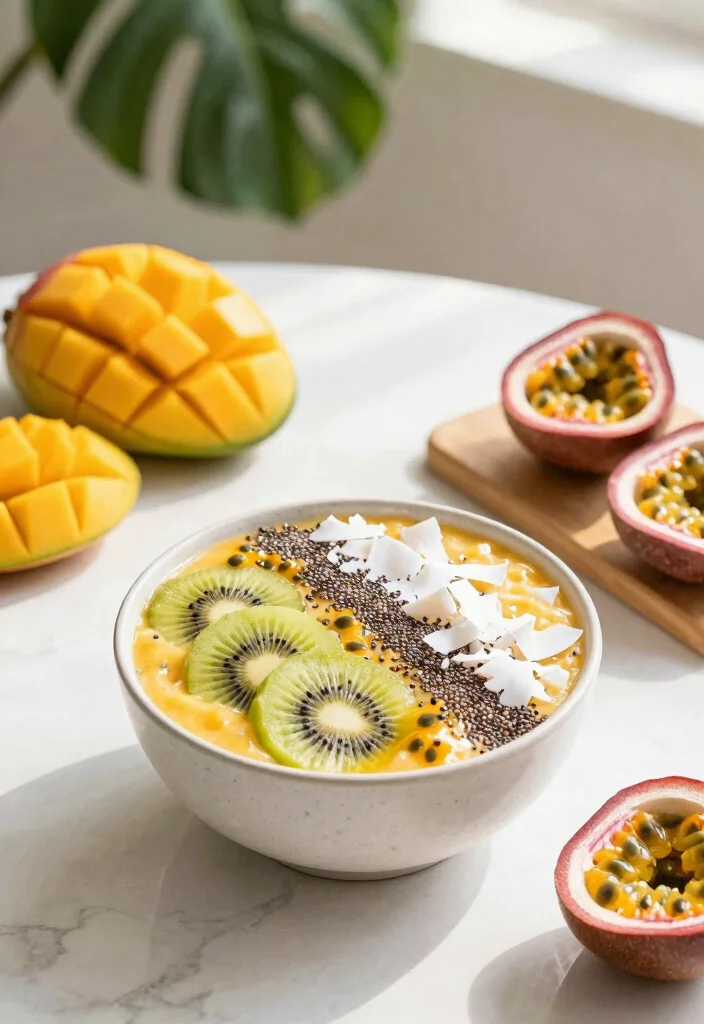 19 Tropical Smoothie Bowl Recipes with Fresh Fruit - 1. Mango Passionfruit Paradise Bowl 1