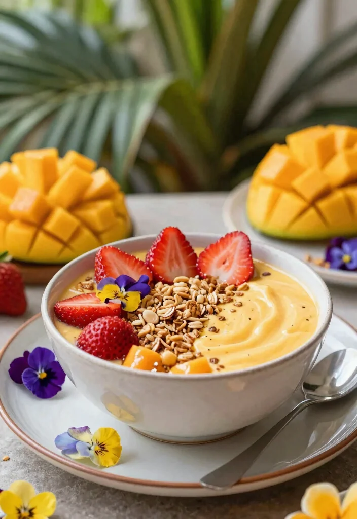 19 Tropical Smoothie Bowl Recipes with Fresh Fruit - 11. Strawberry Mango Tango Bowl 1