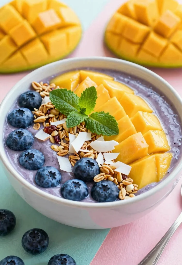 19 Tropical Smoothie Bowl Recipes with Fresh Fruit - 16. Blueberry Mango Swirl Bowl 1