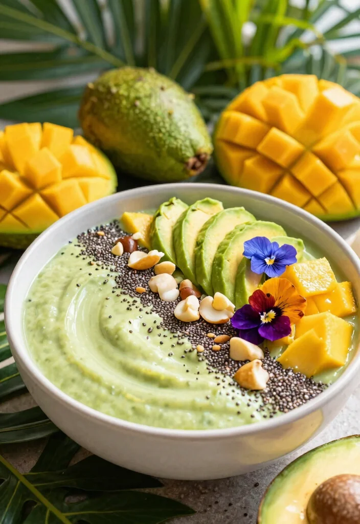 19 Tropical Smoothie Bowl Recipes with Fresh Fruit - 19. Creamy Avocado Mango Bowl 1